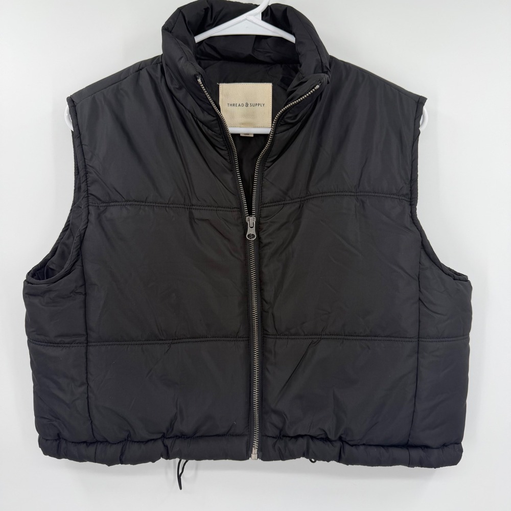 Thread & Supply Black Puffer Vest Full Zip Cropped Quilted J1057PPGDG XS